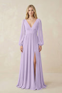V-Neck Long Sleeve A-Line Chiffon Bridesmaid Dress in Lavender - KissProm BRIDESMAID DRESSES