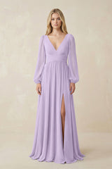 V-Neck Long Sleeve A-Line Chiffon Bridesmaid Dress in Lavender - KissProm BRIDESMAID DRESSES