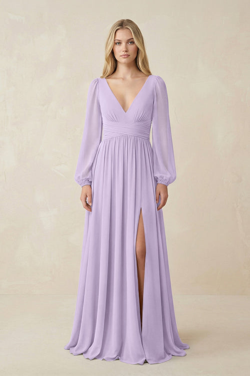 V-Neck Long Sleeve A-Line Chiffon Bridesmaid Dress in Lavender - KissProm BRIDESMAID DRESSES