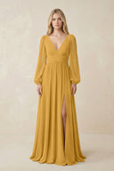 V-Neck Long Sleeve A-Line Chiffon Bridesmaid Dress in Marigold - KissProm BRIDESMAID DRESSES