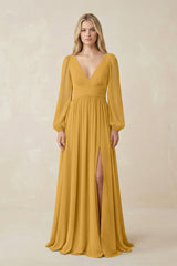 V-Neck Long Sleeve A-Line Chiffon Bridesmaid Dress in Marigold - KissProm BRIDESMAID DRESSES
