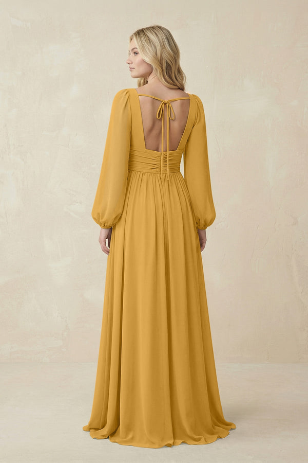 V-Neck Long Sleeve A-Line Chiffon Bridesmaid Dress in Marigold - KissProm BRIDESMAID DRESSES