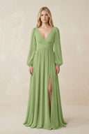 V-Neck Long Sleeve A-Line Chiffon Bridesmaid Dress in Matcha - KissProm BRIDESMAID DRESSES
