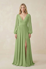 V-Neck Long Sleeve A-Line Chiffon Bridesmaid Dress in Matcha - KissProm BRIDESMAID DRESSES