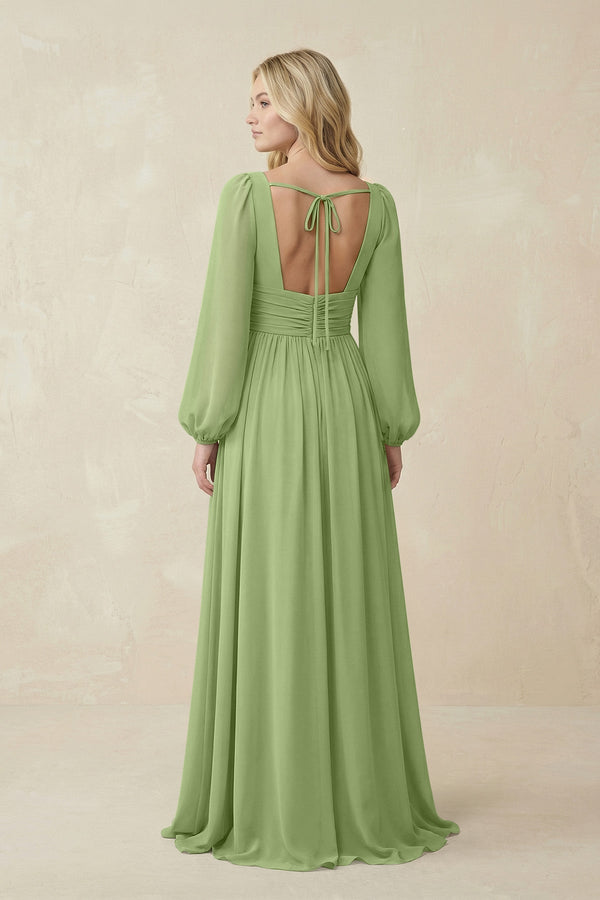 V-Neck Long Sleeve A-Line Chiffon Bridesmaid Dress in Matcha - KissProm BRIDESMAID DRESSES