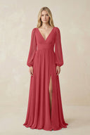 V-Neck Long Sleeve A-Line Chiffon Bridesmaid Dress in Merlot - KissProm BRIDESMAID DRESSES