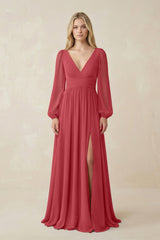 V-Neck Long Sleeve A-Line Chiffon Bridesmaid Dress in Merlot - KissProm BRIDESMAID DRESSES