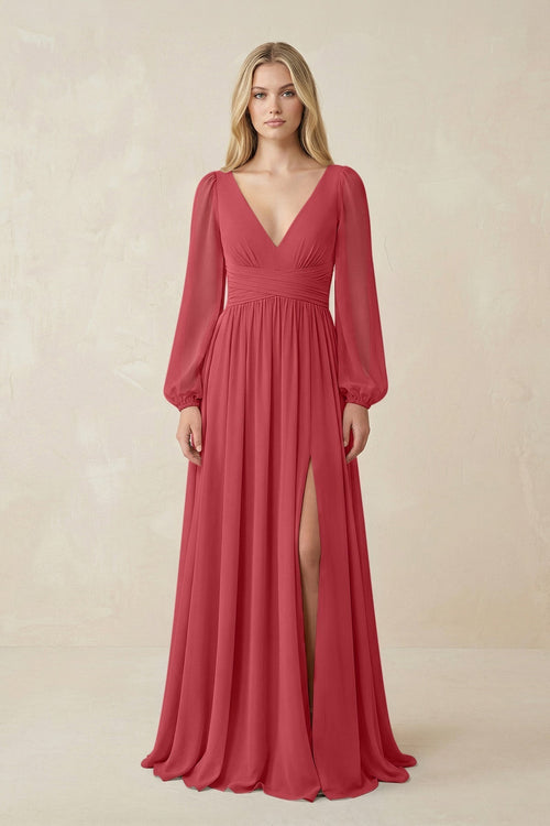 V-Neck Long Sleeve A-Line Chiffon Bridesmaid Dress in Merlot - KissProm BRIDESMAID DRESSES