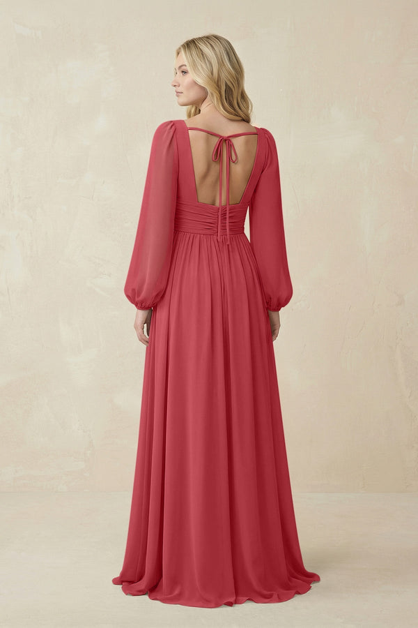 V-Neck Long Sleeve A-Line Chiffon Bridesmaid Dress in Merlot - KissProm BRIDESMAID DRESSES