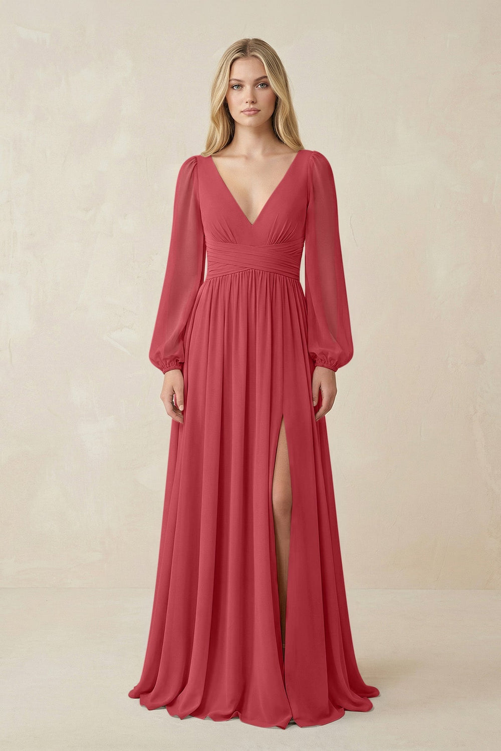 V-Neck Long Sleeve A-Line Chiffon Bridesmaid Dress in Merlot - KissProm BRIDESMAID DRESSES