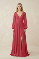 V-Neck Long Sleeve A-Line Chiffon Bridesmaid Dress in Merlot - KissProm BRIDESMAID DRESSES
