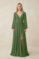 V-Neck Long Sleeve A-Line Chiffon Bridesmaid Dress in Moss - KissProm BRIDESMAID DRESSES