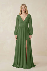 V-Neck Long Sleeve A-Line Chiffon Bridesmaid Dress in Moss - KissProm BRIDESMAID DRESSES