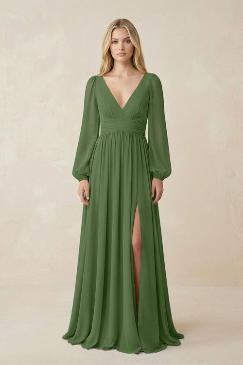 V-Neck Long Sleeve A-Line Chiffon Bridesmaid Dress in Moss - KissProm BRIDESMAID DRESSES