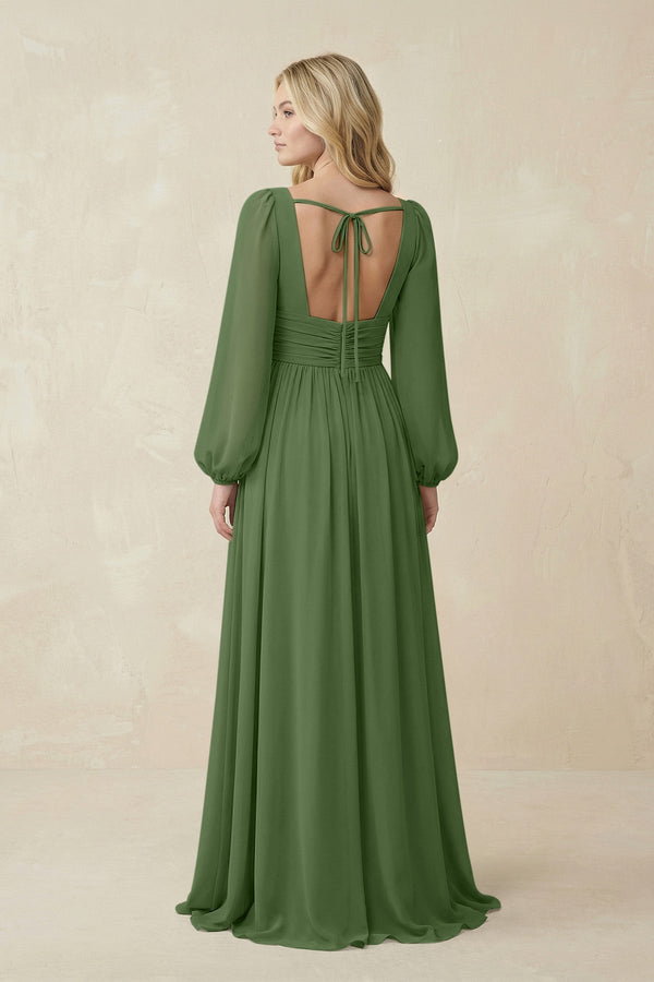 V-Neck Long Sleeve A-Line Chiffon Bridesmaid Dress in Moss - KissProm BRIDESMAID DRESSES