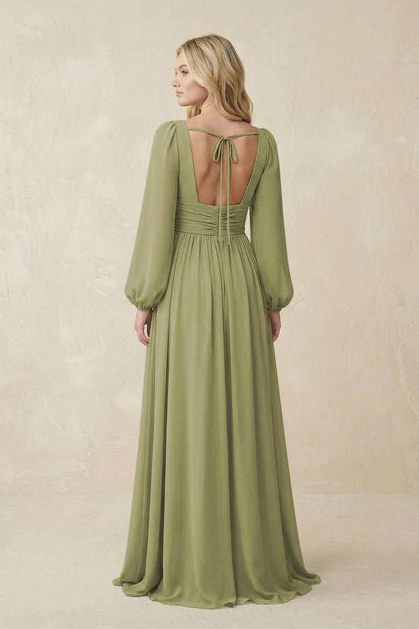 V-Neck Long Sleeve A-Line Chiffon Bridesmaid Dress in Moss Green - KissProm BRIDESMAID DRESSES