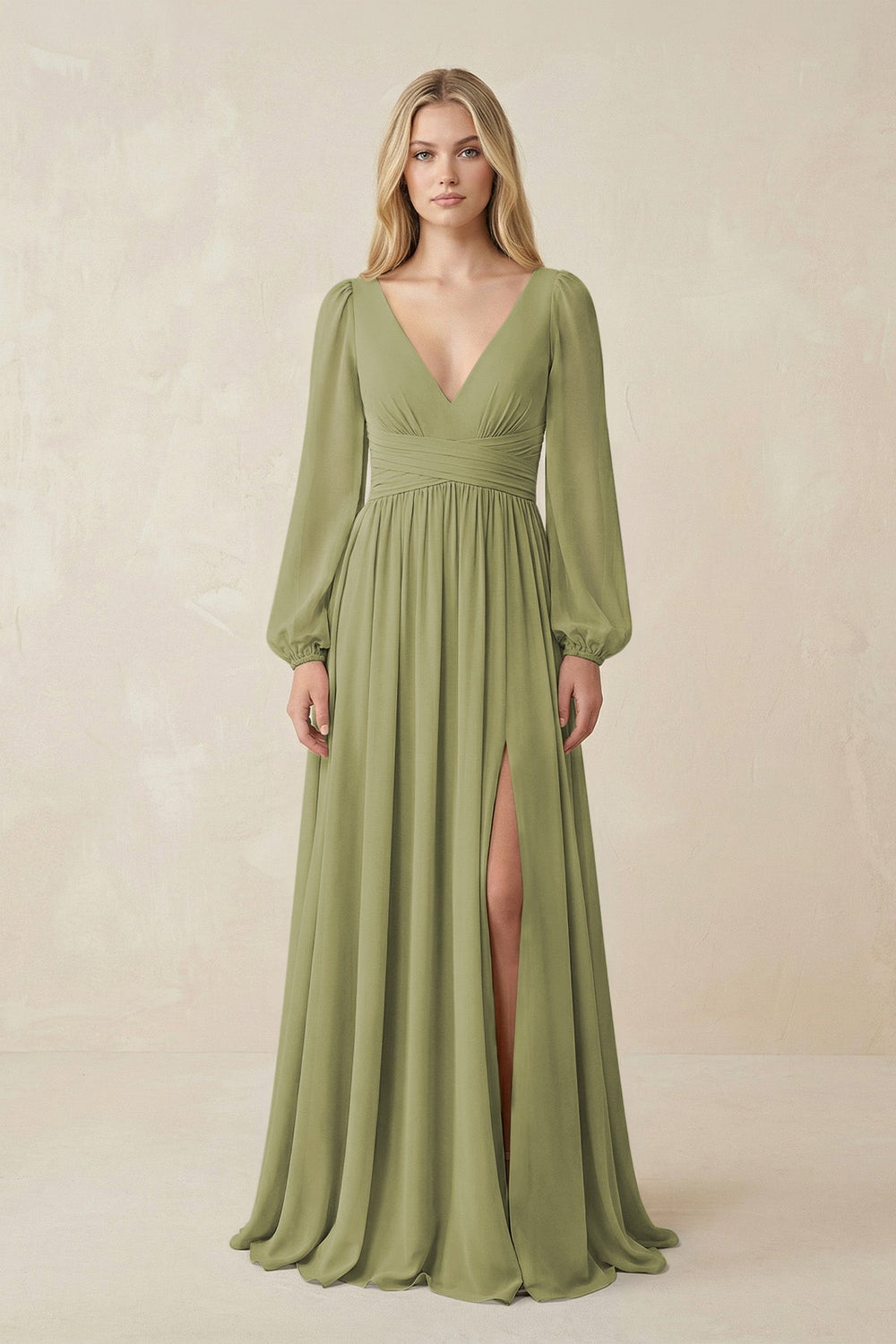 V-Neck Long Sleeve A-Line Chiffon Bridesmaid Dress in Moss Green - KissProm BRIDESMAID DRESSES