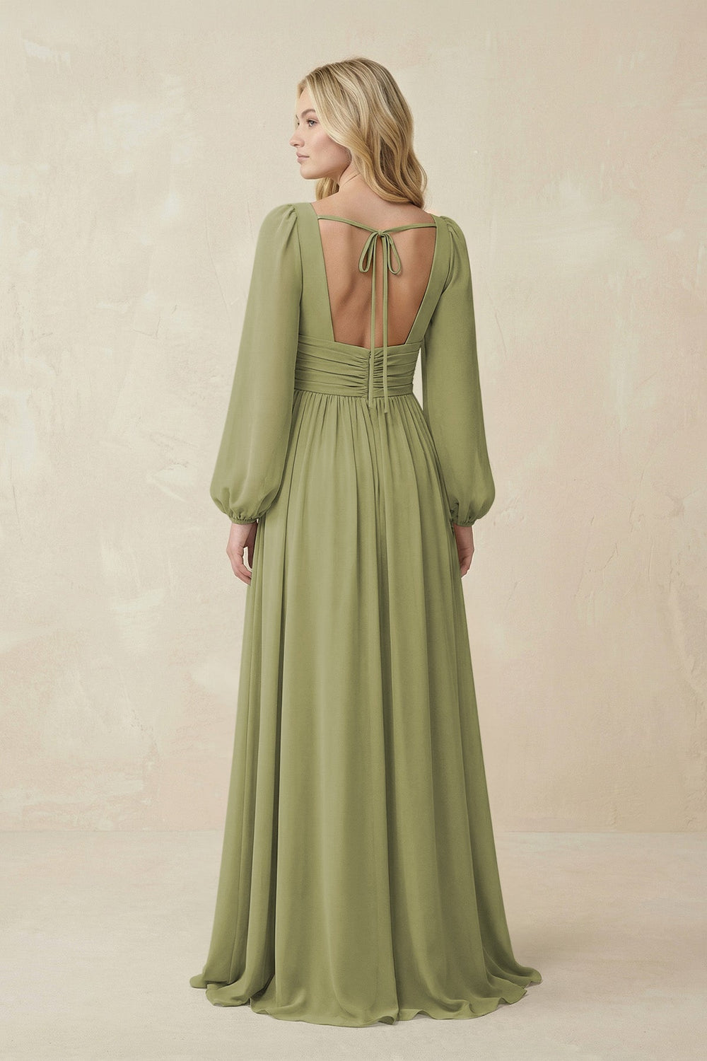 V-Neck Long Sleeve A-Line Chiffon Bridesmaid Dress in Moss Green - KissProm BRIDESMAID DRESSES