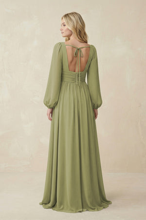 V-Neck Long Sleeve A-Line Chiffon Bridesmaid Dress in Moss Green - KissProm BRIDESMAID DRESSES