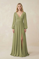 V-Neck Long Sleeve A-Line Chiffon Bridesmaid Dress in Moss Green - KissProm BRIDESMAID DRESSES
