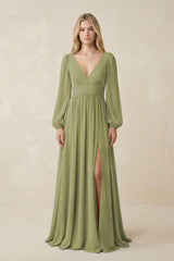 V-Neck Long Sleeve A-Line Chiffon Bridesmaid Dress in Moss Green - KissProm BRIDESMAID DRESSES