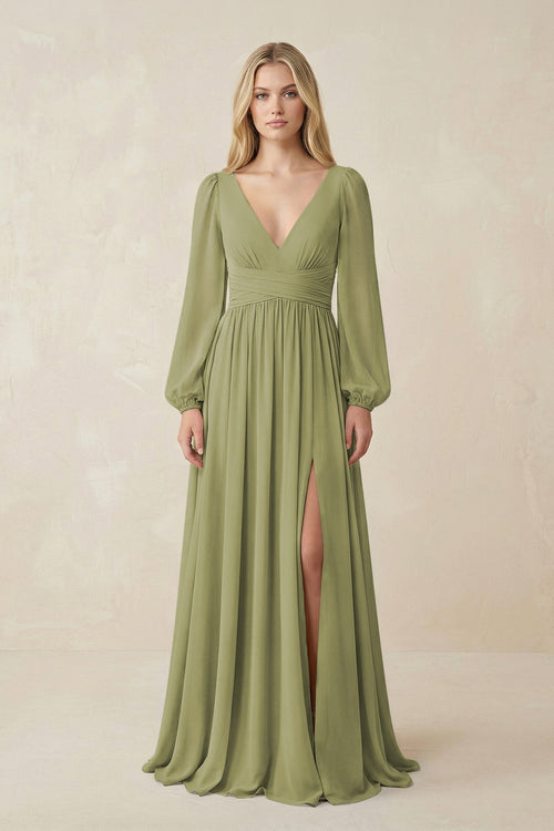 V-Neck Long Sleeve A-Line Chiffon Bridesmaid Dress in Moss Green - KissProm BRIDESMAID DRESSES