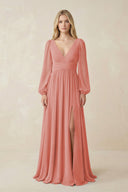 V-Neck Long Sleeve A-Line Chiffon Bridesmaid Dress in Mulberry - KissProm BRIDESMAID DRESSES