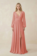 V-Neck Long Sleeve A-Line Chiffon Bridesmaid Dress in Mulberry - KissProm BRIDESMAID DRESSES