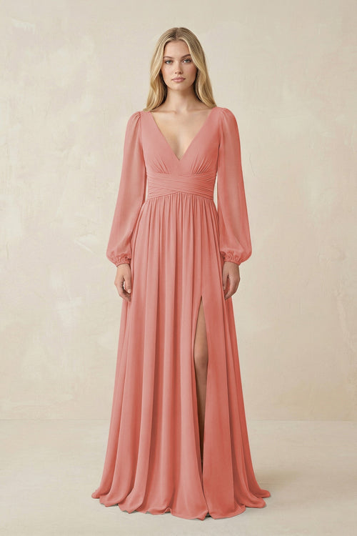 V-Neck Long Sleeve A-Line Chiffon Bridesmaid Dress in Mulberry - KissProm BRIDESMAID DRESSES