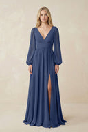 V-Neck Long Sleeve A-Line Chiffon Bridesmaid Dress in Navy - KissProm BRIDESMAID DRESSES