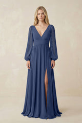 V-Neck Long Sleeve A-Line Chiffon Bridesmaid Dress in Navy - KissProm BRIDESMAID DRESSES