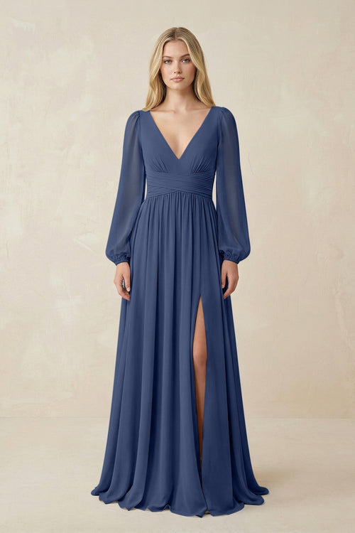 V-Neck Long Sleeve A-Line Chiffon Bridesmaid Dress in Navy - KissProm BRIDESMAID DRESSES