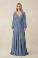 V-Neck Long Sleeve A-Line Chiffon Bridesmaid Dress in Neptune - KissProm BRIDESMAID DRESSES