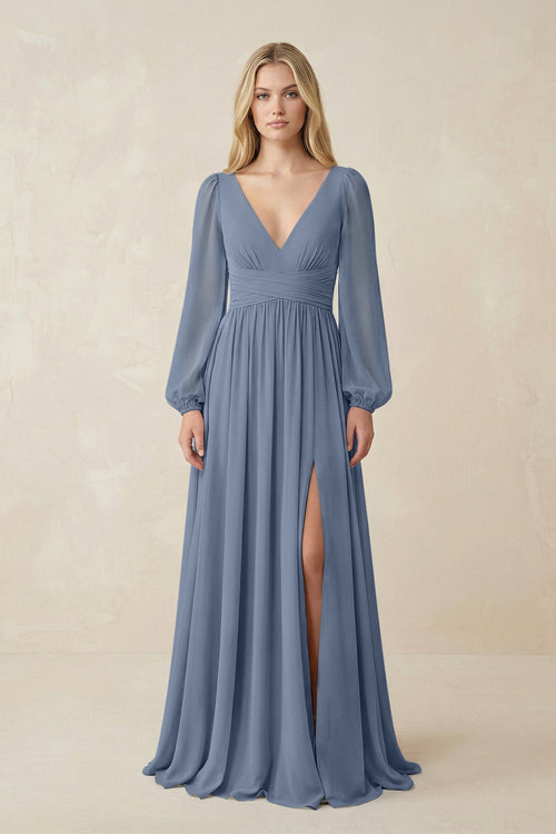 V-Neck Long Sleeve A-Line Chiffon Bridesmaid Dress in Neptune - KissProm BRIDESMAID DRESSES