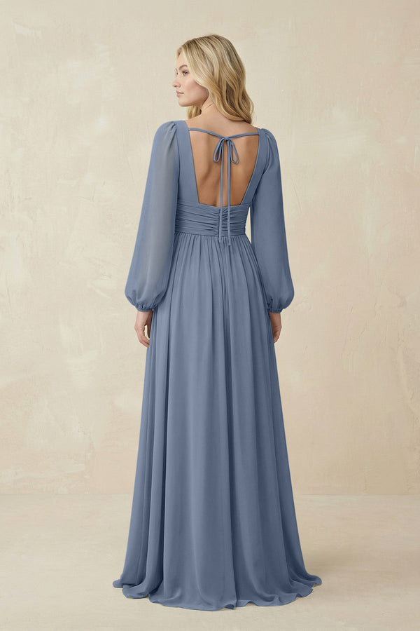V-Neck Long Sleeve A-Line Chiffon Bridesmaid Dress in Neptune - KissProm BRIDESMAID DRESSES