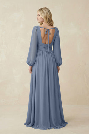 V-Neck Long Sleeve A-Line Chiffon Bridesmaid Dress in Neptune - KissProm BRIDESMAID DRESSES