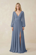 V-Neck Long Sleeve A-Line Chiffon Bridesmaid Dress in Neptune - KissProm BRIDESMAID DRESSES