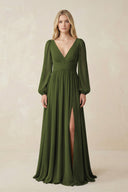 V-Neck Long Sleeve A-Line Chiffon Bridesmaid Dress in Olive - KissProm BRIDESMAID DRESSES