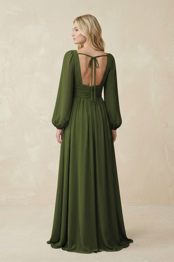 V-Neck Long Sleeve A-Line Chiffon Bridesmaid Dress in Olive - KissProm BRIDESMAID DRESSES