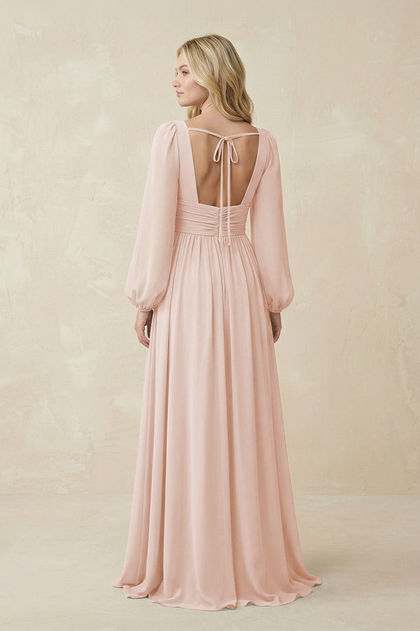 V-Neck Long Sleeve A-Line Chiffon Bridesmaid Dress in Pale Blush - KissProm BRIDESMAID DRESSES
