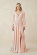 V-Neck Long Sleeve A-Line Chiffon Bridesmaid Dress in Pale Blush - KissProm BRIDESMAID DRESSES