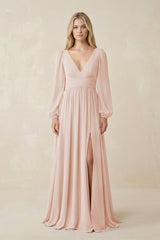 V-Neck Long Sleeve A-Line Chiffon Bridesmaid Dress in Pale Blush - KissProm BRIDESMAID DRESSES