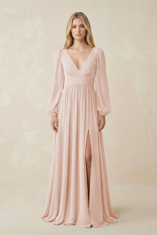 V-Neck Long Sleeve A-Line Chiffon Bridesmaid Dress in Pale Blush - KissProm BRIDESMAID DRESSES