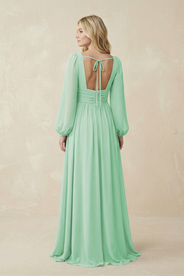 V-Neck Long Sleeve A-Line Chiffon Bridesmaid Dress in Pale Pistachio - KissProm BRIDESMAID DRESSES