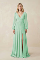 V-Neck Long Sleeve A-Line Chiffon Bridesmaid Dress in Pale Pistachio - KissProm BRIDESMAID DRESSES