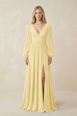 V-Neck Long Sleeve A-Line Chiffon Bridesmaid Dress in Pastel Yellow - KissProm BRIDESMAID DRESSES