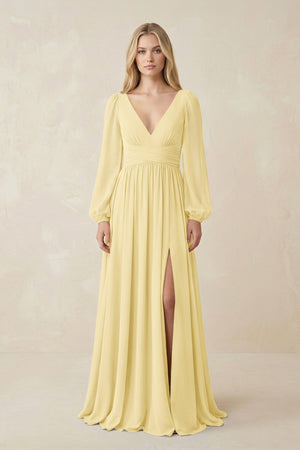 V-Neck Long Sleeve A-Line Chiffon Bridesmaid Dress in Pastel Yellow - KissProm BRIDESMAID DRESSES