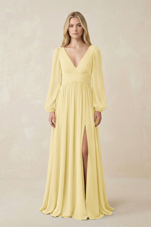 V-Neck Long Sleeve A-Line Chiffon Bridesmaid Dress in Pastel Yellow - KissProm BRIDESMAID DRESSES