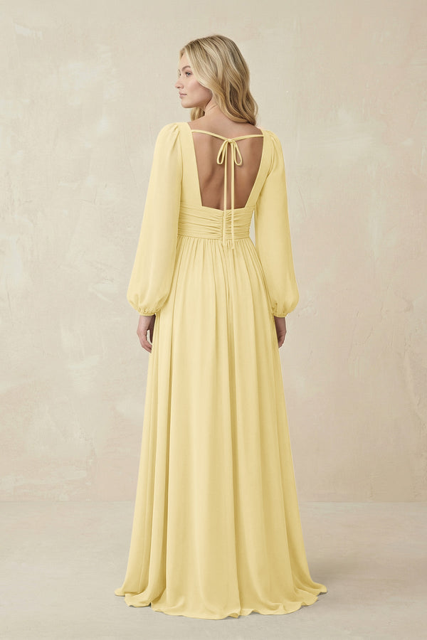 V-Neck Long Sleeve A-Line Chiffon Bridesmaid Dress in Pastel Yellow - KissProm BRIDESMAID DRESSES