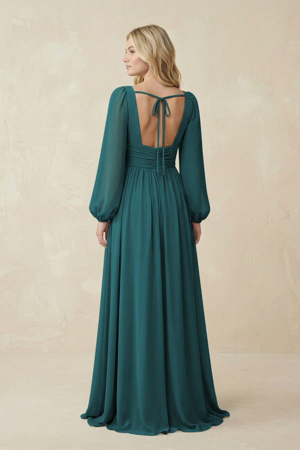 V-Neck Long Sleeve A-Line Chiffon Bridesmaid Dress in Pine - KissProm BRIDESMAID DRESSES